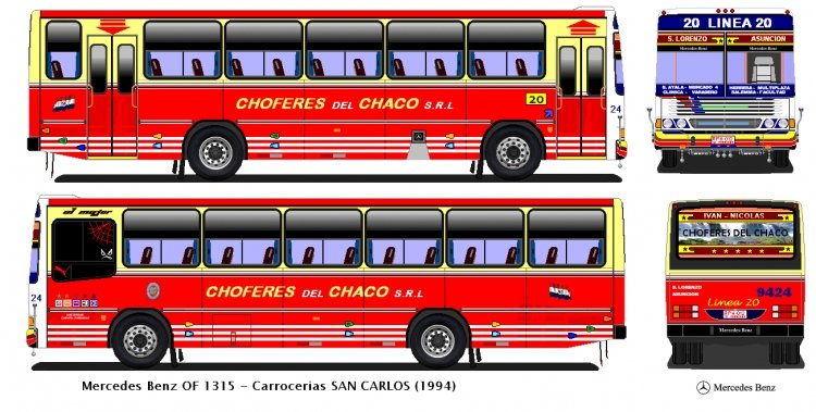 Mercedes-Benz OF 1315, SAN CARLOS (1994), Emp. Choferes del Chaco S.R.L, Linea 20, Interno 9424 
              Diseño: Luis "PETTI" Ovelar
Palabras clave: MB 1315