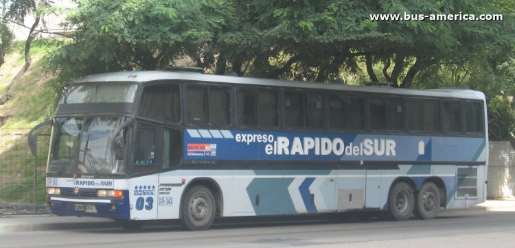 Scania K 113 - Marcopolo Paradiso GV 1150 (en Argentina) - Exp. El Rápido Del Sur
VVH 715 - ex patente X.679630

Exp. El Rápido del Sud (Prov. Córdoba), interno 03, patente provincial R 343
