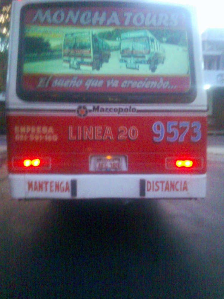 Mercedes-Benz OF1318 Marcopolo Torino LN (en Paraguay)  Emp. "Choferes del Chaco" Linea 20, Interno 9573 
Parte de Atras
Palabras clave: MB