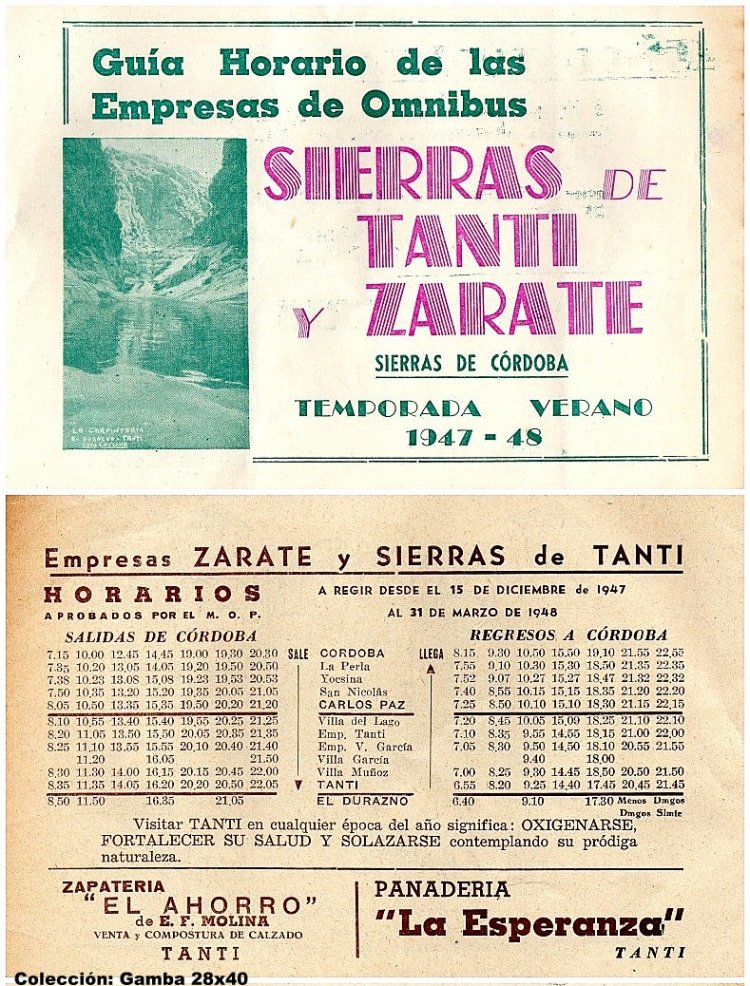 Sierras de Tanti y Zárate - Horarios
Temporada de verano 1947-1948
Palabras clave: Gamba / Tanti