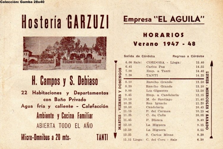 El Águila - Horario
Temporada 1947-1948
Tanti - Provincia de Córdoba
Palabras clave: Gamba / Tanti