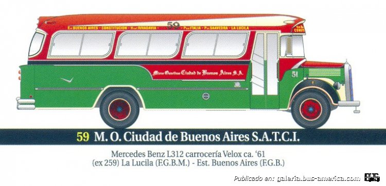   Linea 59 M.OCiudad de Buenos Aires M.B.L312  año 1961 Carrocería Velox DIBUJO de Aníbal Trasmonte
