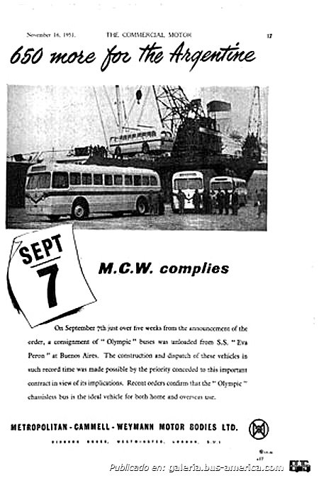 Leyland Olympic - M.C.W. (en Argentina) - M.T.N.
En esta nota se destaca la entrega de 650 coches para Argentina


Publicada en la revista The Commercial Motor
