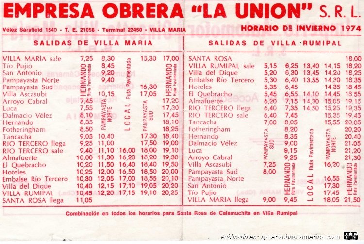 Empresa Obrera La Unión
Horarios 1974 invierno

Colección y gentileza: Antonio Pavlovcic
